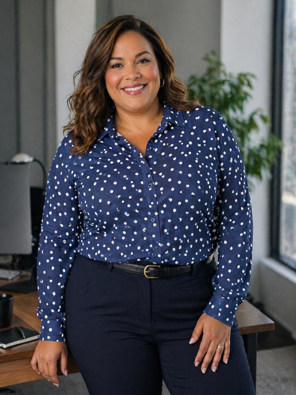 Women’s Navy Polka Dot Button-Front Shirt - Classic Collared Top